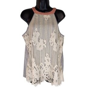 Hint of Mint Lace Halter Top Sleeveless BOHO Beige Womens M